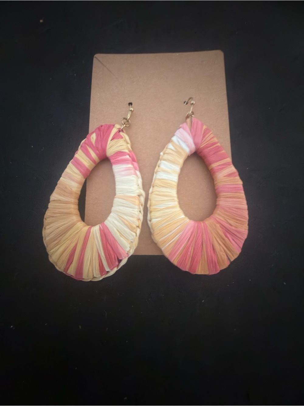 Handcrafted Pink, Peach & Cream Teardrop Raffia Earrings